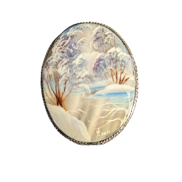 Unbranded Jewelry - Russian Fedoskino Mother of Pearl Brooch Hand Painted Winter Landscape Signed